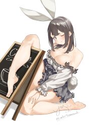 Rule 34 | absurdres, animal ears, bare legs, bare shoulders, black eyes, black hair, breasts, cleavage, detached sleeves, dress, frilled dress, frills, grey dress, hairband, highres, large breasts, leg up, legs up, long sleeves, mbr90munouk, medium hair, multicolored clothes, off-shoulder dress, off shoulder, one eye closed, original, rabbit ears, rabbit tail, simple background, tail, two-tone dress, white background, white dress