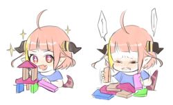 Rule 34 | + +, 1girl, aged down, ahoge, alternate costume, alternate hairstyle, blonde hair, blue shirt, blunt bangs, blush, child, closed eyes, commentary request, dragon girl, dragon horns, dragon tail, fang, frown, holding, holding toy, hololive, horns, isuka, kiryu coco, looking at viewer, multicolored hair, multiple views, orange hair, parted lips, pointy ears, purple eyes, red eyes, sad, shirt, short hair, short sleeves, sidelocks, simple background, skin fang, streaked hair, tail, tearing up, toy, toy block, upper body, virtual youtuber, wavy mouth, white background