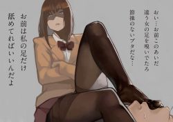 Rule 34 | 1boy, 1girl, absurdres, bad id, bad twitter id, blazer, brown hair, crossed arms, feet, femdom, licking foot, foot worship, hetero, highres, jacket, licking, long hair, no shoes, open mouth, original, pantyhose, parted lips, school uniform, shaded face, sitting, skirt, stepped on, thighband pantyhose, toes, translation request, yomu (sgt epper)