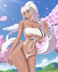 Rule 34 | 1girl, absurdres, bare shoulders, blunt bangs, breasts, cherry blossoms, cleavage, closed mouth, collarbone, cowboy shot, danfer3, dark-skinned female, dark skin, day, earrings, falling petals, fingernails, gris swimsuit, hair intakes, highres, holding, holding hair, jewelry, large breasts, long fingernails, long hair, looking at viewer, meme attire, nail polish, narrow waist, navel, one-piece swimsuit, original, outdoors, petals, ponytail, see-through, silver hair, sky, smile, solo, standing, swimsuit, thighs, underboob, very long hair, white one-piece swimsuit, wide hips, yellow eyes