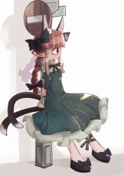 Rule 34 | 1girl, animal ear fluff, animal ears, arms behind back, black bow, black bowtie, black footwear, black ribbon, blunt bangs, blush, bow, bowtie, braid, breasts, cat ears, cat tail, closed mouth, dress, drop shadow, expressionless, extra ears, footwear bow, frills, green dress, hair bow, hair ribbon, highres, kaenbyou rin, kurocat, leg ribbon, looking ahead, multiple tails, nail polish, nekomata, petticoat, pointy ears, profile, red nails, ribbon, road sign, sign, sitting, small breasts, solo, stop sign, tail, touhou, tress ribbon, twin braids, twintails, two tails
