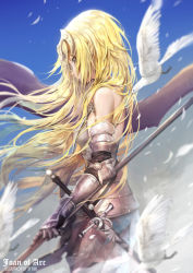 Rule 34 | 1girl, armor, armored dress, artist name, bare shoulders, black gloves, blonde hair, blue eyes, character name, closed mouth, commentary request, fate/apocrypha, fate (series), faulds, feathers, from side, gauntlets, gloves, headpiece, highres, jeanne d&#039;arc (fate), jeanne d&#039;arc (ruler) (fate), jeanne d&#039;arc (third ascension) (fate), long hair, looking down, motion blur, sa&#039;yuki, sheath, sheathed, sky, solo, staff, sword, weapon, wind