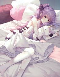 Rule 34 | 1girl, azur lane, bed, black bow, black ribbon, blush, bow, detached sleeves, dress, hair bun, hair ribbon, halterneck, hands up, heart, heart-shaped pillow, highres, long hair, long sleeves, lying, myung yi, no shoes, hugging object, on side, one side up, parted lips, pillow, purple eyes, purple hair, ribbon, side bun, sidelocks, single hair bun, single side bun, sleeves past wrists, solo, stuffed animal, stuffed toy, stuffed winged unicorn, thighhighs, unicorn (azur lane), very long hair, white dress, white sleeves, white thighhighs