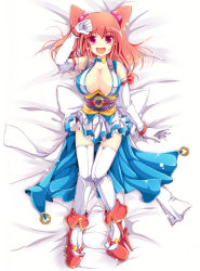 Rule 34 | 1girl, :d, alternate costume, bed sheet, belt, bow, breasts, cleavage, dakimakura (medium), female focus, full body, gloves, hair bobbles, hair ornament, heart, high heels, highres, ichirino minagi, large breasts, lying, magical girl, on back, onozuka komachi, open mouth, pink hair, platform footwear, platform heels, red eyes, red hair, shoes, skirt, smile, solo, thighhighs, touhou, twintails, two side up, white thighhighs, zettai ryouiki