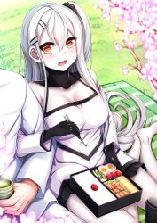 Rule 34 | 1boy, 1girl, absurdres, abyssal ship, admiral (kancolle), aircraft carrier oni, alternate costume, blush, breasts, brown eyes, cherry blossoms, colored skin, cup, dress, food, fuuki (te fuukin), grass, hair between eyes, hanami, highres, kantai collection, large breasts, long hair, military, military uniform, naval uniform, one side up, open mouth, picnic, short dress, sitting, uniform, very long hair, wariza, white dress, white hair, white skin