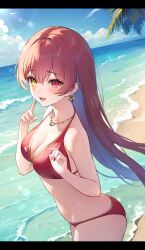 Rule 34 | 1girl, aria (ariacue), beach, bikini, blue sky, blush, breasts, cleavage, cloud, collarbone, commentary request, day, earrings, gold earrings, gold necklace, heart, heart earrings, heart necklace, heterochromia, highres, hololive, horizon, houshou marine, houshou marine (summer), index finger raised, jewelry, large breasts, letterboxed, long hair, looking at viewer, necklace, ocean, outdoors, palm tree, red bikini, red eyes, red hair, sand, sky, smile, solo, swimsuit, tree, virtual youtuber, water, yellow eyes