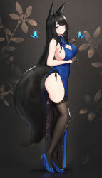 Rule 34 | 1girl, animal ear fluff, animal ears, bare shoulders, black-haired fox girl (hayabusa), black gloves, black hair, black thighhighs, blue dress, blue eyes, blue footwear, blush, breasts, bug, butterfly, china dress, chinese clothes, cleavage, dress, elbow gloves, fox ears, fox girl, fox tail, gloves, hair between eyes, hayabusa (vert 320), high heels, highres, insect, large breasts, long hair, looking at viewer, mole, mole under eye, original, side slit, sidelocks, smile, solo, swept bangs, tail, thighhighs