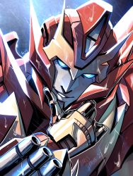 Rule 34 | blue eyes, commentary, english commentary, highres, lina rojas, looking at viewer, mecha, parted lips, portrait, rain, robot, rodimus, science fiction, smile, solo, the transformers (idw), transformers, v-fin