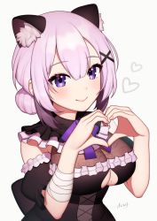 Rule 34 | 1girl, absurdres, animal ear fluff, animal ears, black dress, bow, breasts, busou kanojo, cat ears, cleavage, cleavage cutout, closed mouth, clothing cutout, dress, frills, fujisaki touka, hair bun, hair ornament, heart, heart hands, highres, large breasts, purple hair, looking at viewer, mole, mole on breast, multicolored hair, purple bow, purple eyes, short hair, signature, simple background, smile, solo, two-tone hair, underboob, upper body, virtual youtuber, white background, x hair ornament, yoshihiro (yoshihiro12190)