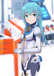 Rule 34 | 1girl, alice gear aegis, blue hair, blurry, blurry background, bodysuit, closed mouth, cowboy shot, depth of field, gloves, green eyes, hair between eyes, highres, long hair, long sleeves, looking at viewer, momo (higanbana and girl), ochanomizu mirie, own hands together, smile, solo, standing, white bodysuit, white gloves