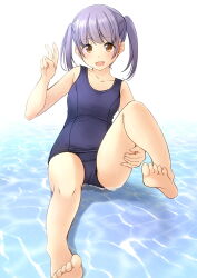 Rule 34 | 1girl, barefoot, blue one-piece swimsuit, breasts, brown eyes, full body, highres, medium hair, old school swimsuit, one-piece swimsuit, original, purple hair, school swimsuit, shibacha, simple background, sitting, small breasts, solo, swept bangs, swimsuit, twintails, v, water, white background