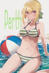 Rule 34 | 1girl, ball, bare arms, bare legs, bare shoulders, beachball, bikini, blonde hair, blush, breasts, character name, cleavage, collarbone, groin, hair between eyes, hair ornament, hairclip, highres, kantai collection, ma rukan, medium breasts, navel, open mouth, perth (kancolle), purple eyes, short hair, solo, striped bikini, striped clothes, swimsuit, water