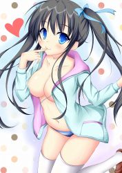 Rule 34 | 1girl, aliasing, bad id, bad pixiv id, black hair, blue eyes, blush, breasts, cleavage, coat, collarbone, finger to mouth, hair ribbon, heart, hood, hoodie, long hair, looking at viewer, marisasu (marisa0904), naked coat, naked hoodie, navel, no bra, open clothes, original, panties, ribbon, smile, solo, striped clothes, striped panties, thighhighs, twintails, underwear, white thighhighs