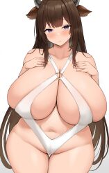 Rule 34 | 1girl, absurdres, animal ears, azur lane, blush, breasts, brown hair, cameltoe, cleavage, cow ears, cow horns, gigantic breasts, hands on own chest, highres, horns, huge breasts, kashino (azur lane), long hair, neneneji, o-ring, plump, purple eyes, slingshot swimsuit, solo, standing, swimsuit, wide hips