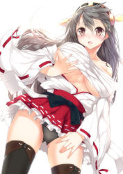 Rule 34 | 10s, 1girl, bad id, bad pixiv id, black hair, black panties, blush, boots, breasts, brown eyes, clothes lift, cowboy shot, detached sleeves, frilled skirt, frills, hairband, haruna (kancolle), japanese clothes, kantai collection, large breasts, long hair, looking at viewer, miniskirt, nontraditional miko, open mouth, panties, personification, ribbon-trimmed sleeves, ribbon trim, sarashi, grabbing own breast, sitting, skirt, skirt lift, solo, thigh boots, thighhighs, underboob, underwear, upskirt, white background, yappen, yatsu (sasuraino), zettai ryouiki