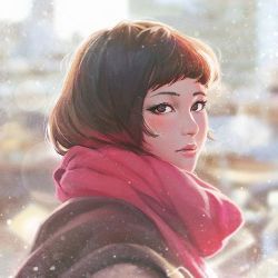 Rule 34 | 1girl, blurry, bokeh, brown eyes, coat, copyright request, depth of field, expressionless, eyebrows, from side, guweiz, ilya kuvshinov (style), lips, looking at viewer, nose, outdoors, photo-referenced, red scarf, reference photo, scarf, short hair, solo, upper body