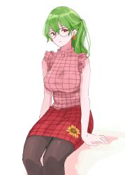 Rule 34 | 1girl, absurdres, adapted costume, alternate hairstyle, bespectacled, black pantyhose, breasts, earrings, flower, flower earrings, glasses, green hair, hair between eyes, highres, jewelry, kazami yuuka, large breasts, light frown, pantyhose, pencil skirt, pink shirt, plaid, plaid shirt, plaid skirt, ponytail, red eyes, red skirt, shirt, short hair, simple background, sitting, skirt, sleeveless, sleeveless shirt, solo, sunflower, tohoyuukarin, touhou, white background