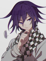 Rule 34 | ..., 1boy, blue eyes, buttons, checkered clothes, checkered neckwear, checkered scarf, commentary request, danganronpa (series), danganronpa v3: killing harmony, finger to own chin, grey background, grey jacket, grey scarf, hair between eyes, jacket, kitsunebi v3kokonn, long sleeves, looking at viewer, male focus, oma kokichi, purple eyes, purple hair, scarf, simple background, solo, spoken ellipsis, thinking, upper body