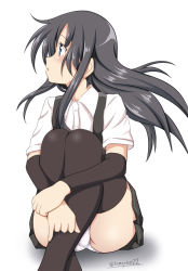 Rule 34 | 1girl, :o, arm warmers, asashio (kancolle), ass, black hair, black thighhighs, blue eyes, blush, buttons, crossed ankles, dress, floating hair, hair between eyes, highres, hugging own legs, kantai collection, legs together, long hair, looking away, open mouth, panties, pantyshot, pinafore dress, pleated skirt, school uniform, shirt, sidelocks, simple background, sitting, skirt, sleeveless dress, solo, suspenders, tamayan, thighhighs, thighs, twitter username, underwear, white background, white panties, white shirt