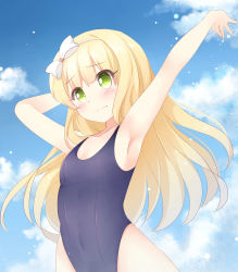Rule 34 | 1girl, absurdres, arm behind head, armpits, azuki azusa, blonde hair, blue sky, blue one-piece swimsuit, blush, bow, closed mouth, cloud, cloudy sky, commentary, covered navel, day, embarrassed, flat chest, green eyes, hair bow, hairband, hands up, hentai ouji to warawanai neko., highleg, highleg swimsuit, highres, ikazu401, long hair, looking at viewer, one-piece swimsuit, outdoors, sky, solo, standing, swimsuit, white bow
