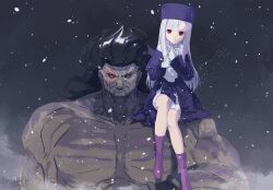 Rule 34 | 1boy, 1girl, black hair, boots, closed mouth, cofffee, dark-skinned male, dark skin, dress, fate/stay night, fate (series), gloves, hat, heracles (fate), illyasviel von einzbern, long hair, long sleeves, looking at viewer, muscular, muscular male, red eyes, scarf, smile, snowing, white hair