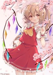 Rule 34 | 1girl, absurdres, ascot, blonde hair, blush, cherry blossoms, commentary request, cowboy shot, fang, flandre scarlet, haruki (colorful macaron), highres, looking at viewer, one side up, open mouth, puffy short sleeves, puffy sleeves, red eyes, red skirt, short sleeves, skirt, skirt set, solo, touhou, twitter username, upper body, wings, wrist cuffs, yellow ascot