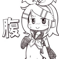 Rule 34 | 1girl, :&gt;, arm warmers, belly, black collar, black sleeves, blush, bow, breasts, clothes lift, collar, commentary, crop top, detached sleeves, greyscale, hair bow, hair ornament, hairclip, headphones, kagamine rin, lowres, midriff, monochrome, moomlin, neckerchief, sailor collar, shirt lift, short hair, small breasts, smile, solo, stomach, swept bangs, translated, underboob, upper body, vocaloid, white background