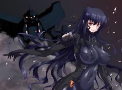 Rule 34 | 1girl, beatrix bremer, black hair, bodysuit, breasts, covered erect nipples, covered navel, cureecoolan, glowing, glowing eyes, gradient background, large breasts, lips, long hair, mecha, muv-luv, muv-luv alternative, outstretched arm, petals, pilot suit, red eyes, robot, schwarzesmarken, skin tight, smoke, solo, standing