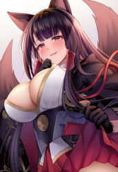 Rule 34 | 1girl, :d, akagi (azur lane), animal ears, azur lane, black gloves, black kimono, blunt bangs, blush, breasts, brown hair, brown tail, cleavage, clothes lift, commentary request, cowboy shot, eyeliner, eyeshadow, fox ears, fox girl, fox tail, from below, gloves, hand up, heart, heart-shaped pupils, highres, japanese clothes, kimono, large breasts, lifting own clothes, long hair, looking at viewer, makeup, multiple tails, open mouth, out of frame, partial commentary, pleated skirt, red eyes, red eyeshadow, red skirt, revision, sakuramon, shirt, sidelocks, simple background, skirt, skirt lift, smile, solo, standing, symbol-shaped pupils, tail, white background, white shirt, wide sleeves, yukinimaru