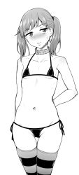 Rule 34 | 1girl, animal collar, arm behind back, bikini, blush, breasts, collar, collarbone, cowboy shot, geewhy, greyscale, groin, head tilt, highres, houshi iin no oshigoto, looking at viewer, monochrome, navel, nose blush, parted lips, side-tie bikini bottom, small breasts, solo, striped clothes, striped thighhighs, swimsuit, thigh gap, thighhighs, tsujibayashi rin, twintails, white background
