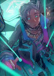 Rule 34 | 1boy, animification, apex legends, black jacket, black pants, blue eyes, boots, cable, crypto (apex legends), cyberpunk, expressionless, from above, glowing, glowing eyes, grey footwear, grey vest, highres, jacket, kawaniwa, looking up, male focus, pants, parted lips, pointing, science fiction, silver hair, solo, sparks, vest