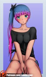 Rule 34 | 1girl, :o, breasts, coldtrojan, collarbone, covered erect nipples, green eyes, highres, looking at viewer, multicolored hair, navel, no bra, open mouth, original, patreon, short shorts, shorts, simple background, small breasts, solo