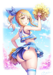 Rule 34 | 1boy, :o, androgynous, ass, bare arms, blonde hair, blue skirt, border, cheerleader, cherry blossoms, cloud, crop top, day, from behind, hair ornament, hair ribbon, hand on own hip, highres, holding, holding pom poms, looking at viewer, looking back, male focus, medium hair, natsusora wakana, novady, original, outdoors, pom pom (cheerleading), pom poms, ribbon, shiny skin, sidelocks, signature, skindentation, skirt, standing, star (symbol), star hair ornament, thighhighs, thighs, trap, white legwear, wide hips, yellow eyes