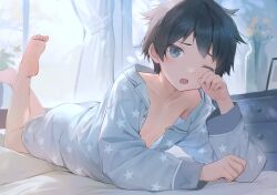 Rule 34 | 1boy, :o, barefoot, bishounen, black hair, blue eyes, blue pajamas, blue shorts, blush, buttons, chest of drawers, cocolo (co co lo), collarbone, collared shirt, commentary request, curtains, dot nose, feet, feet up, flower, full body, indoors, long sleeves, looking at viewer, lying, male focus, on bed, on stomach, one eye closed, open clothes, open mouth, open shirt, original, pajamas, raised eyebrows, rubbing eyes, shirt, short hair, shorts, sleepy, soles, solo, the pose, toes, vase, window, yellow flower