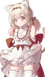 Rule 34 | 1girl, absurdres, amai hiyo, amai hiyo channel, animal ear fluff, animal ears, bare shoulders, blonde hair, bloomers, blush, bow, cat ears, cat girl, cat tail, dress, fang, hair between eyes, hair bow, hair ribbon, hairband, highres, japanese clothes, legs apart, lifting own clothes, low twintails, off shoulder, open mouth, red eyes, red hairband, ribbon, ribbon-trimmed clothes, ribbon trim, sidelocks, simple background, skin fang, solo, syhan, symbol-shaped pupils, tail, thighhighs, thighs, twintails, underwear, virtual youtuber, white background, white dress, white thighhighs