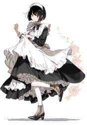 Rule 34 | 1girl, apron, black dress, black hair, boots, bright pupils, closed mouth, commentary request, dress, flower, full body, high heels, highres, long dress, long sleeves, maid, maid apron, maid headdress, meido-fuku ga mitai, original, petticoat, rose, shadow, short hair, sidelocks, simple background, skirt hold, smile, solo, standing, standing on one leg, white background, white pupils
