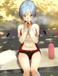 Rule 34 | 1girl, :o, absurdres, akinashi yuu, artist name, black shorts, blue eyes, blue hair, blush, breast press, breasts, breath, dappled sunlight, day, dengeki moeou, grass, highres, jacket, knees together feet apart, legs together, long sleeves, looking at viewer, matching hair/eyes, medium breasts, nose blush, open mouth, outdoors, plant, short hair, short shorts, shorts, sitting, solo, sunlight, thermos, towel, track jacket, turtleneck, white jacket