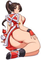 Rule 34 | 1girl, ass, breasts, fatal fury, hand on own thigh, highres, large breasts, looking back, parted bangs, ponytail, revealing clothes, shigenobu, shiranui mai, simple background, smile, solo, thighs, white background