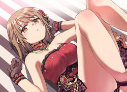 Rule 34 | 1girl, bare shoulders, blush, breasts, brown eyes, brown hair, choker, cleavage, clenched hand, dress, fishnet gloves, fishnets, flower, from above, gloves, hair flower, hair ornament, hands up, idolmaster, idolmaster cinderella girls, idolmaster cinderella girls starlight stage, jewelry, knees up, lace, lace-trimmed choker, lace-trimmed dress, lace trim, large breasts, looking at viewer, lying, mimura kanako, necklace, on back, parted lips, plump, red brooch, red choker, red dress, red flower, red rose, rose, short hair, simple background, smile, solo, strapless, strapless dress, striped background, wm (chawoo1357)