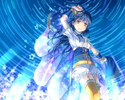 Rule 34 | 10s, 1girl, arm up, arm warmers, armlet, baggy pants, bloomers, blue hair, brooch, cape, center frills, earrings, frilled shirt collar, frills, garter straps, hat, holding, holding cape, holding clothes, jewelry, long hair, looking at viewer, love live!, love live! school idol festival, love live! school idol project, pants, print headwear, ribbon, smile, solo, sonoda umi, standing, star (symbol), star trail, starry sky print, thighhighs, uehara yukihiko, underbust, underwear, yellow eyes, yellow thighhighs, zettai ryouiki