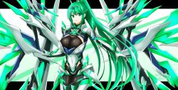 Rule 34 | 1girl, breasts, chest jewel, earrings, gloves, greek text, green eyes, green hair, headpiece, high heels, hisin, jewelry, large breasts, long hair, pneuma (xenoblade), ponytail, solo, swept bangs, tiara, very long hair, wings, xenoblade chronicles (series), xenoblade chronicles 2