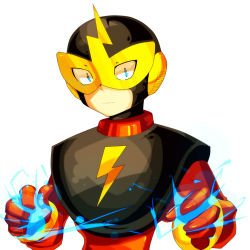 Rule 34 | 1boy, elec man, energy, expressionless, helmet, joints, looking at viewer, mask, robot, robot ears, robot joints, mega man (series), mega man (classic), rockman (game), standing