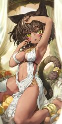 Rule 34 | 1girl, :o, absurdres, animal ears, anklet, arm up, armpits, barefoot, breasts, brown hair, cat ears, cat tail, curtains, dark-skinned female, dark skin, facial mark, feet out of frame, hand up, highres, jewelry, large breasts, looking at viewer, melaton, navel, open mouth, original, short hair, slit pupils, solo, tail, thighs, yellow eyes