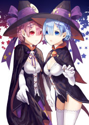 Rule 34 | :o, adapted costume, black cape, black capelet, blue eyes, blue hair, breasts, cape, cape hold, capelet, claw pose, cleavage, cowboy shot, crescent moon, elbow gloves, flower, from side, gloves, grin, hair flower, hair ornament, hair ribbon, hat, hat ribbon, highres, leaning forward, medium breasts, moon, nomuraumu, pink eyes, pink hair, purple ribbon, ram (re:zero), re:zero kara hajimeru isekai seikatsu, red eyes, rem (re:zero), ribbon, short hair, small breasts, smile, star (symbol), starry background, teeth, thighhighs, upper teeth only, white gloves, white legwear, witch, witch hat, x hair ornament