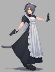 Rule 34 | 1girl, animal ear fluff, animal ears, apron, cat ears, cat tail, commentary, dual wielding, english commentary, fang, full body, gloves, grey background, grey hair, gun, handgun, highres, holding, holding gun, holding weapon, loafers, maid, maid apron, maid headdress, necktie, orange eyes, original, pistol, puffy short sleeves, puffy sleeves, shoes, short hair with long locks, short sleeves, simple background, solo, tail, weapon, white gloves, wozora