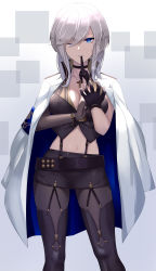 Rule 34 | 1girl, adjusting clothes, adjusting gloves, azur lane, belt, black gloves, black pantyhose, black skirt, blue eyes, boots, breasts, choker, cleavage, covered erect nipples, cowboy shot, cross, cross necklace, eternity (pixiv8012826), glove in mouth, gloves, hair between eyes, highres, jacket, jacket on shoulders, jewelry, large breasts, looking at viewer, mole, mole on breast, mouth hold, navel, necklace, one eye closed, pantyhose, pencil skirt, short hair, sidelocks, silver hair, skirt, solo, suspenders, thigh boots, thighhighs, washington (azur lane), wrist straps