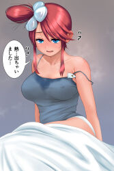 Rule 34 | 1girl, absurdres, bed sheet, blue eyes, blush, breasts, collarbone, commentary, covered erect nipples, creatures (company), fever, flower, game freak, grey background, hadairo rainbow, hair flower, hair ornament, highres, hot, large breasts, nintendo, off shoulder, panties, panty peek, parted lips, pokemon, pokemon bw, red hair, sidelocks, simple background, sitting, skyla (pokemon), speech bubble, stained clothes, steam, steaming body, sweat, sweat stain, sweaty clothes, swept bangs, tank top, thermometer, translation request, underwear