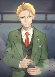 Rule 34 | 1boy, blonde hair, explosive, fadingz, green eyes, green jacket, grenade, highres, holding, holding grenade, jacket, lapel pin, looking at viewer, male focus, necktie, red necktie, signature, solo, spy x family, twilight (spy x family), upper body