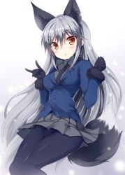 Rule 34 | 10s, 1girl, :o, animal ears, black bow, black gloves, black pantyhose, blush, bow, bowtie, clenched hand, fox ears, fox shadow puppet, fox tail, gloves, grey skirt, kemono friends, long hair, looking at viewer, m/, orange eyes, pantyhose, silver fox (kemono friends), silver hair, skirt, solo, tail, tateha (marvelous grace), very long hair