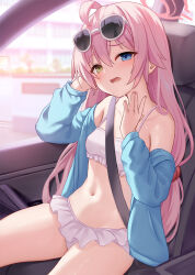 Rule 34 | 1girl, ahoge, bare shoulders, bikini, blue archive, blue eyes, blue jacket, blush, breasts, car, car interior, chinese commentary, collarbone, commentary request, eyewear on head, frilled bikini, frills, hair between eyes, hair bobbles, hair ornament, halo, heterochromia, highres, hoshino (blue archive), hoshino (swimsuit) (blue archive), jacket, long hair, long sleeves, looking at viewer, low twintails, milkshakework, motor vehicle, navel, official alternate costume, open clothes, open jacket, open mouth, pink hair, pink halo, sitting, small breasts, solo, stomach, sunglasses, sweat, swimsuit, thighs, twintails, very long hair, white-framed eyewear, white bikini, wilted ahoge, yellow eyes, ||/